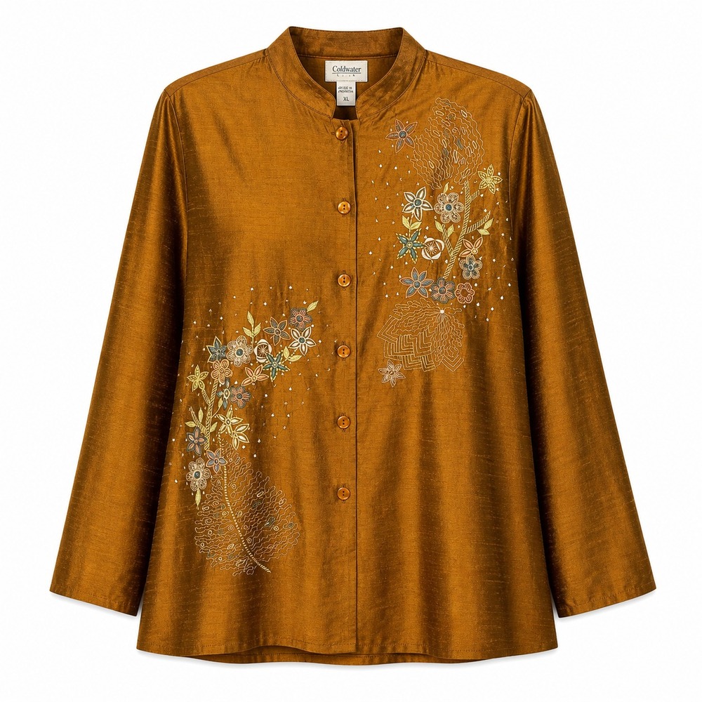 Vintage Coldwater Creek 100% Silk Embroidered Artisan Top Womens Large Boho Luxe